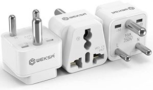 WEKSA Premium India Travel Adapter with Universal Input, Europe, UK, Australia, US Convert to India/Sri Lanka/Nepal Power Plug with Safety Grounded Pin, White Type D India Adaptor (Pack of 3)