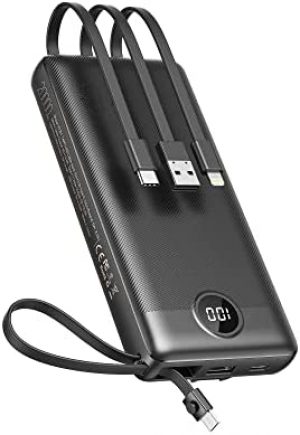 VEEKTOMX Power Bank with Built in Cables, 20000mAh Portable Charger with 5 Outputs & 2 Inputs and LED Display, External Battery Bank for iPhone/iPad/Samsung Galaxy and More(20000mAh Black)