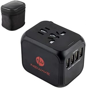 NEWAVE 4 Port USB-A 3.4A All in One Smart Universal International Worldwide AU/EU/UK/US Plug Fast Quick Rapid Charge Travel Adapter Charger Medium Black with Zippered Canvas Bag