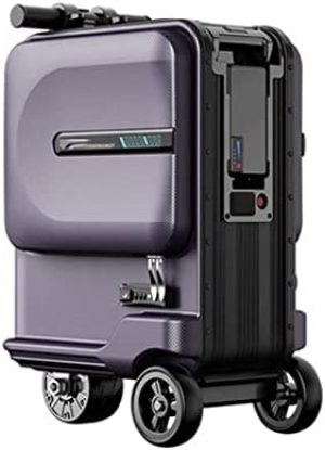 Electric Travel Suitcase, Mini 20 Inch Smart Riding Suitcase with Removable Power Bank Battery Aluminum Alloy Rod, USB Charging Port (Purple)
