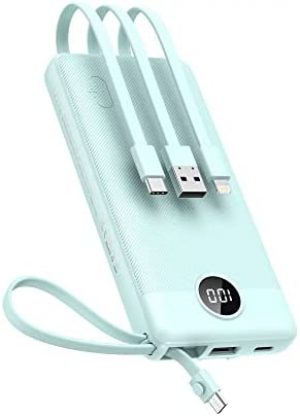 VEEKTOMX Power Bank with Built-in Cables, 10000mAh USB C Portable Charger with 5 Outputs and LED Display, External Battery Bank for iPhone/iPad/Samsung Galaxy and Other Smart Devices(10000mAh-Blue)