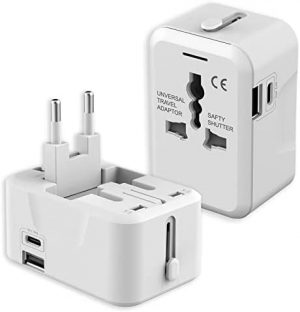 2-Pack Travel Adapter Worldwide, SAUNORCH European Universal International Power Travel Plug Adapter W/ 2.4A Type C & 2.4A USB-A Ports Wall Charger for USA EU UK AUS Cell Phone Laptop – White