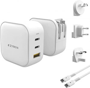Zyron 65W GaN Charger, 65W USB C Charger, 3-Port PD QC4.0 Fast Charger Wall Power Adapter for MacBook Pro/Air, iPhone 13, Samsung S22/21 Ultra, iPad & More (Travel AU/EU/UK Plug) White