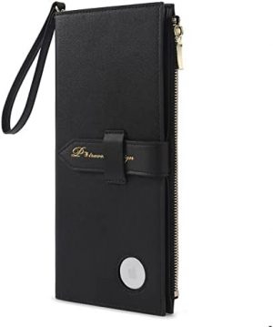 Airtag Passport Wallet for Women, RFID Passport and Vaccine Card Holder combo for Family, Large Lightweight Portable Travel Document Organizer Passport Card Cover with Zipper Pocket, Black, Minimalist
