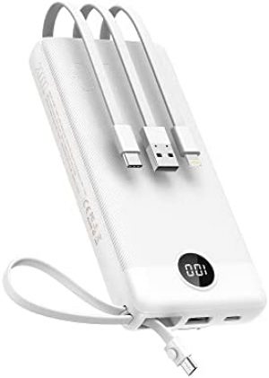 VEEKTOMX Power Bank with Built-in Cables, 20000mAh USB C Portable Charger with 5 Outputs & 2 Inputs and LED Display, External Battery Bank for iPhone/iPad/Samsung S22(20000mAh White)