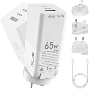 HEYMIX GaN Charger,65W USB C Charger, 60W/30W/25W/20W USB GaN PD Wall Charger AU Plug SAA Certified 3-Port (Dual PD Charger Ports with USB Port) with Travel Adapter (US/EU/UK/AU) Compatible with MacBook Pro/Air, Galaxy S20/S10, Dell XPS 13, Note 20/10+, iPhone 13/12/Pro/Mini, iPad Pro, Pixel, and More (100W PD Cable Included Premium HEYMIX GaN Pack White)