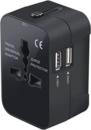 Travel Adapter, HF Worldwide All in One Universal Travel Adapter Wall AC Power Plug Adapter Wall Charger with Dual USB Charging Ports for AU, US, EU, UK Cell Phone Laptop (Black)