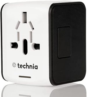 TECHNIA All In One Universal Travel Adapter Plug Universal travel adapter, Smart Plug international travel adapter with USB Type-C Wall Charger UK/ EU/ US/ AU. Portable Multiple device charging. White