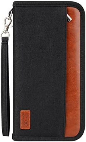 INONIX Family Passport Wallet, Travel Passport Holder Bag Waterproof RFID Blocking Card Organiser with Hand Strap Zip,Ticket Cash Coins Holder Case for Outdoor Sporting Traveling (Black)