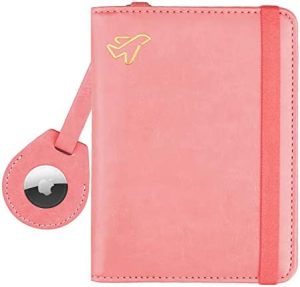 WALNEW AirTag Passport Holder and Vaccine Card Holder Combo, RFID Blocking Travel Passport Wallet with Vaccine Card Protector Slot and Airtag Protective Case, Pink, Modern