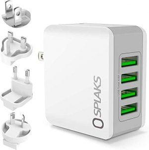 SPLAKS USB Charger Plug, Universal International USB Wall Charger Plug UK/EU/US/AU 4 Ports Rapid 24W/5V 4.8A Multiple USB Charger with Multi-Protections Fast Charging Technology-White