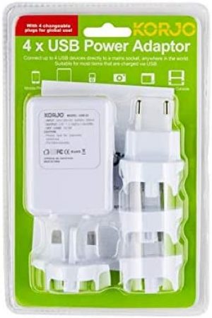 Korjo USB Power Hub, Interchangeable for EU, UK, USA, AU, 4 USB Sockets
