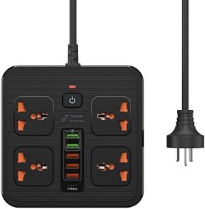 Surge Protector Universal Power Board 2M 4 AC Outlets/5 USB Ports/1 Type C Overload Protection Power Strip Power Board 10A 2500W Travel Surge Protector Black