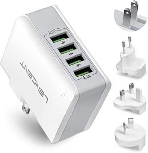 USB Charger Plug, Lencent 4-Port Universal Travel Adaptor, 22W/5V 4.4A Wall Charger Plug with UK/USA/EU/AUS Worldwide Travel Charger Adapter for iPhone, iPad, Android Phones, Tablets and More