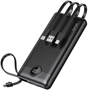 VRURC 10000mAh Power Bank USB C with Built in Cables,Slim Portable Charger Bank with 4 Outputs & 2 Inputs,LED Display External Battery Pack Compatible with iPhone13/Pro,Samsung
