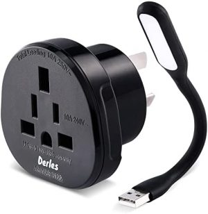 Derles SAA Approved Travel Adapter with USB Light (Black), Universal Travel Adapter US/UK/JP/CA to AU/NZ, 3-Pin International Power adapters with Insulated Pins.