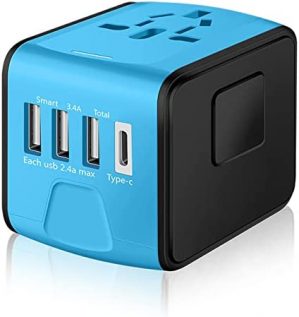 Travel Adapter Worldwide,SAUNORCH Universal International Power Plug Adapter W/2.4A 3xUSB-A and 3.0A Type-C Wall Charger, European Travel Plug Adapter for Europe UK EU US CA AU Italy Asia-Blue