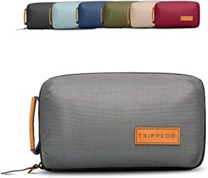 Tech Bag Organizer – Small Electronics Organizer Pouch for Travel – Premium Travel Case with Leather Accents – Mesh Pocket for Cables, Cords and Chargers – TRIPPED Travel Gear (Grey)