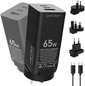 HEYMIX GaN Charger,65W USB C Charger, 60W/30W/25W/20W USB GaN PD Wall Charger AU Plug SAA Certified 3-Port (Dual PD Charger Ports with USB Port) with Travel Adapter (US/EU/UK/AU) Compatible with MacBook Pro/Air, Galaxy S20/S10, Dell XPS 13, Note 20/10+, iPhone 13/12/Pro/Mini, iPad Pro, Pixel, and More (100W PD Cable Included Premium HEYMIX GaN Pack Black)