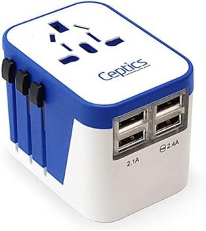 Ceptics World Travel Adapter Power Plug W/ 4 USB Ports – Charge Cell Phones, Smart Watches, iPhones All over the World – For International Europe, China, US, UK, Canada, Australia – Type A, C, G, I