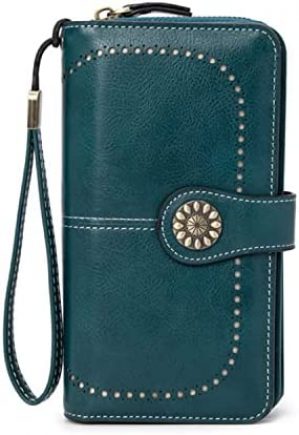 Women’s Wallets (Green), Large Capacity with Genuine Leather RFID Blocking, Secure Zipper Lock Trifold Ladies Wallet with Wrist Strap
