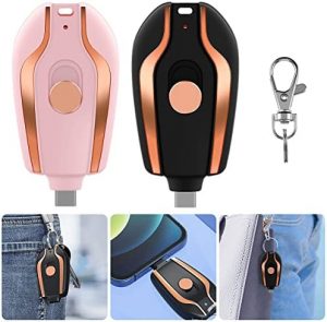2 PCS Keychain Portable Charger, 1500mAh Mini Key Chain Phone Charger for Type-c, Durable & Safe Power Emergency Pod,Fast Charging Power Bank for Travel (Black+Pink)