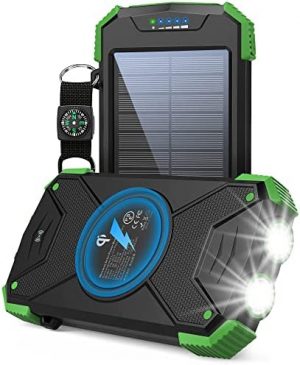 Solar Charger Power Bank, Qi Wireless Charger 10,000mAh External Battery Pack Type C Input Port Dual Flashlight, Compass, Solar Panel Charging(Dark Green)