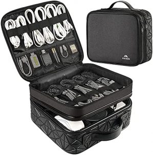 Cable Organizer Bag, Waterproof Travel Electronic Storage with Adjustable Divider, Shockproof Portable Double Layer Tech Bags Carrying Case for Cord, Earbuds, Charger, SD Card, Tech Gifts, Black